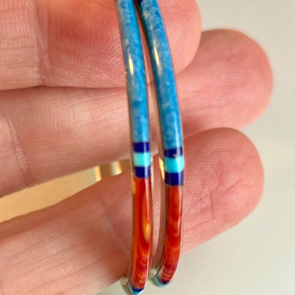 Sterling & Turquoise Inlay Earrings - Colorful, Eye-Catching! - Picture 2 of 4